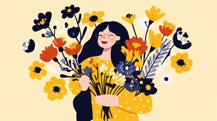 Vibrant Floral Delight with Woman Holding Bouquets of Colorful Flowers Against Yellow Background in Cheerful and Whimsical Style
