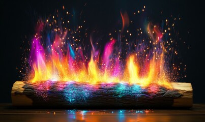A burning log in front of a dark wall creates a burst of colorful sparks that seem to blur and distort in the air