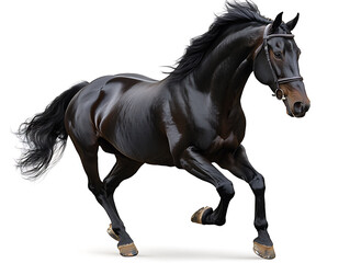 Obraz premium Black stallion in motion, flowing mane, elegant bridle.