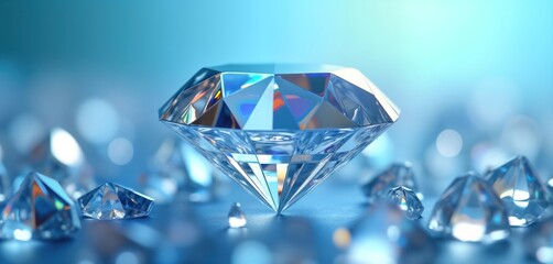 Closeup view of brilliant faceted diamond. Shiny gem with brilliant light reflection on blue background. Many smaller diamonds around central gem. Image digital render of gemstones, exhibits modern