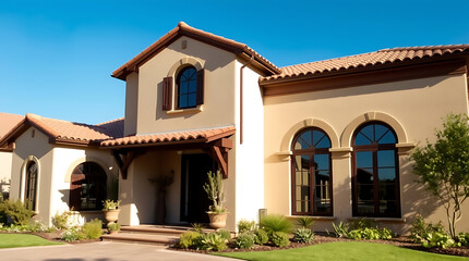 Fototapeta premium Mediterranean Style Home Exterior: Luxury Real Estate Property with Landscaped Garden