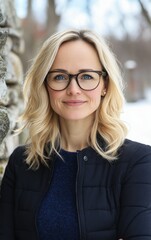 A woman with long blonde hair and glasses smiles confidently in a cold weather setting. Snow lightly covers the ground, with a rustic stone wall in the background