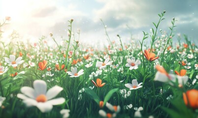 A field of wildflowers showcasing a harmonious blend of green, orange, and white petals, wildflowers, field, white, orange