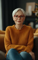 Obraz premium An elderly woman with silver hair and glasses sits on a couch in a stylish living room, wearing a vibrant orange sweater, appearing relaxed and thoughtful, surrounded by soft cushions and decor