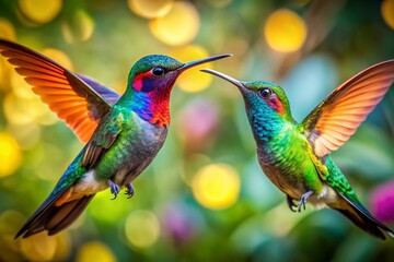 Fototapeta premium Two Contour Hummingbirds in Flight, Candid Wildlife Photography