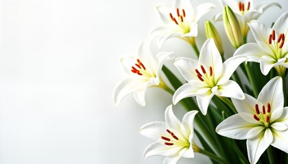 Closeup of beautiful snow-white lilies. Floral arrangement. Springtime design. Elegant flowers. Symbol of purity, hope, rebirth. Ideal for Easter, weddings, religious ceremonies. Perfect background