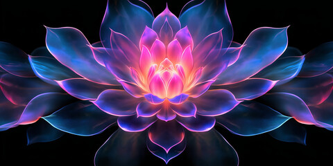 Naklejka premium A glowing abstract lotus flower with neon pink and purple petals on a black background, radiating vibrant energy and symbolizing beauty, harmony, and elegance.