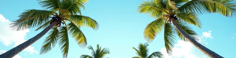 Palm trees stand tall with outstretched leaves towards the sky, skyward gaze, foliage, tree silhouettes