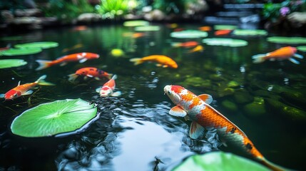 Garden pond with colorful koi fish and lily pads