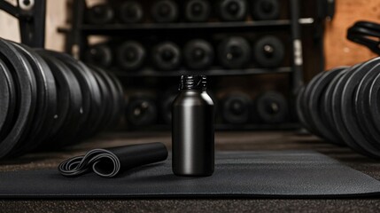Naklejka premium Black Fitness Bottle on Gym Mat with Weights