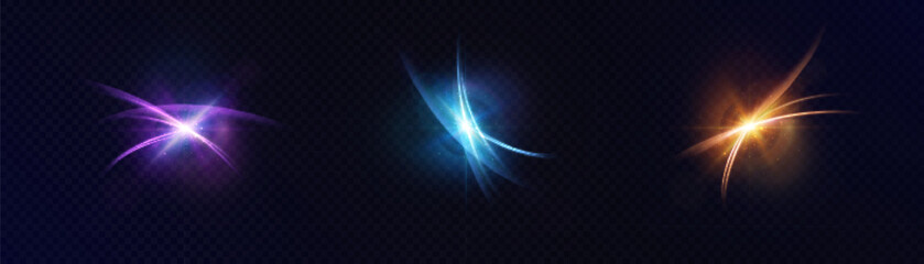 Abstract set of colorful light effects, shimmering bright futuristic shine of glare and reflections. For graphic design and game interfaces.	
