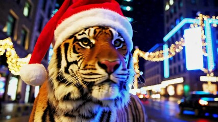 A festive tiger wearing a Santa hat against a vibrant city backdrop, creating a playful blend of wildlife and holiday spirit.