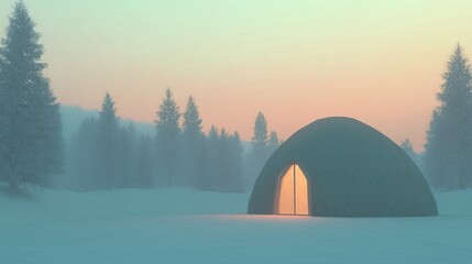 VR Igloo at Sunrise with Open Green Screen Flaps in Snowy Forest Landscape for Virtual Reality Experience or Anthropological Study