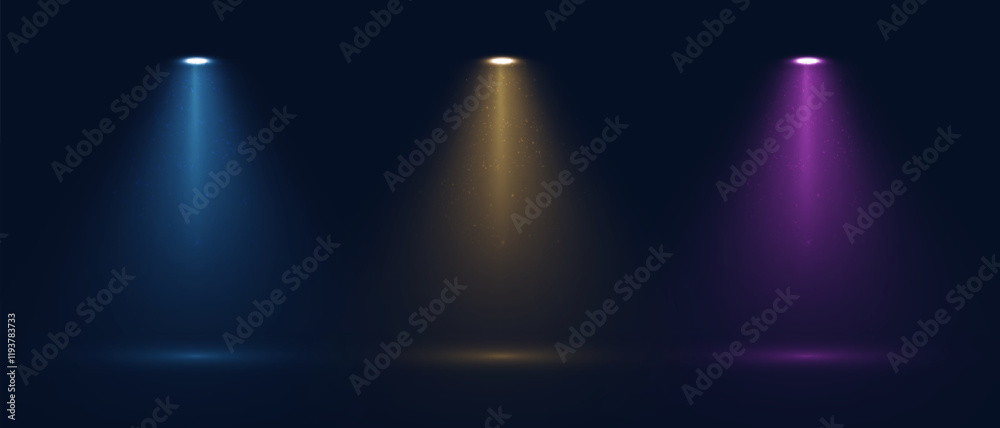 Leinwandbilder Set of colorful light spotlights isolated on black background. Vector glowing light effect with transparent rays.