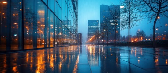 Fototapeta premium Serene and Dramatic Urban Landscape at Night with Reflective Puddles and Illuminated Skyscrapers Moody and atmospheric cityscape with glass towers and buildings reflecting in the wet street at dusk