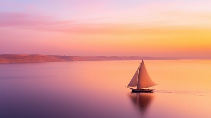 Fototapeta premium Felucca Sailing Boat on the Nile River at Sunset in Aswan Capturing Tranquility and Scenic Beauty with Vibrant Colors