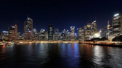 Obraz premium Stunning Night View of City Skyline Reflected in Water