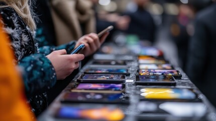 Mobile Phone Showcase: A selective focus image showcasing a vibrant array of mobile phones on display, with individuals subtly interacting with their own devices in the foreground.