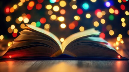 Open book surrounded by colorful bokeh lights