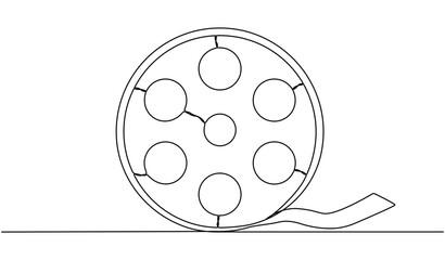 Film reel continuous one line drawing. Movie retro production symbol. Filmstrip linear element. Vector illustration isolated on white.