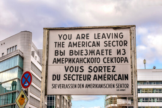 Famous sign Checkpoint Charlie, Berlin, Germany. Wall separated West Berlin from East Berlin from 1961 to 1989.