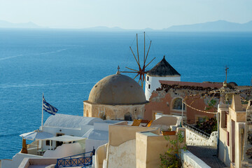 Greece, Santorini, Oia. View overlooking homes on the island of Santorini.