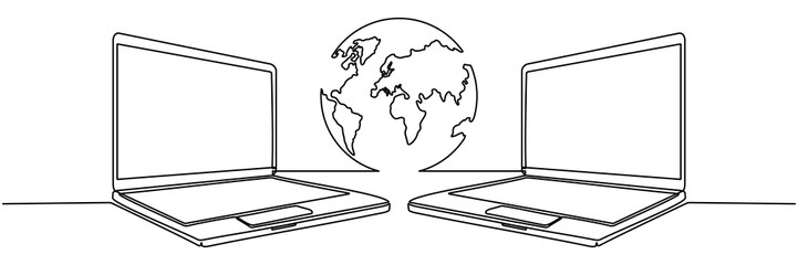 Fototapeta premium Two laptops with connection to each other continuous line drawing. Portable digital gadgets with Earth globe. International teamwork concept. Vector illustration isolated on white.