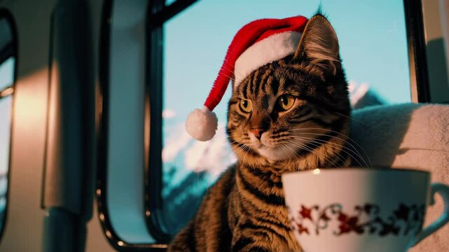 A cozy scene featuring a cat wearing a Santa hat, sitting by a train window with a stunning mountain view, perfect for holiday travel-themed designs.