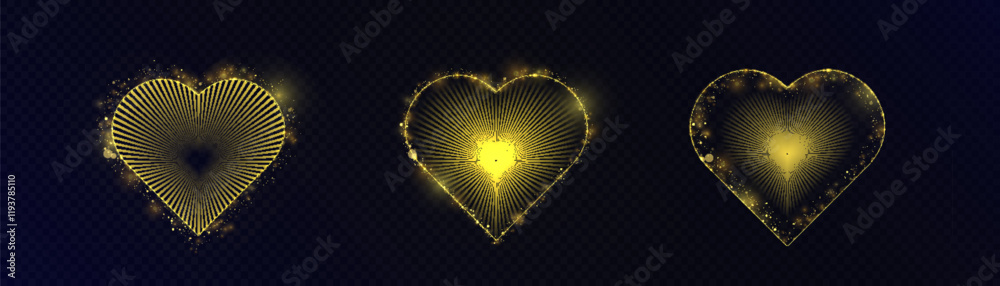 Aufkleber set of hearts with bright neon rays illumination on black background for valentine's day illustratio