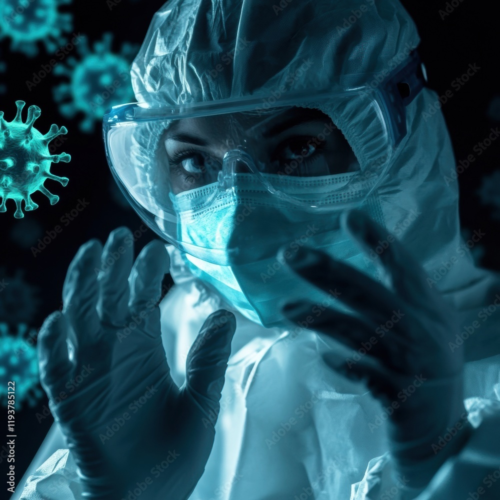 Poster protective gear displays vigilance against fading viruses in a medical setup. generative ai