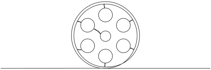 Film reel continuous one line drawing. Movie retro production symbol. Filmstrip linear element. Vector illustration isolated on white.