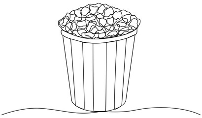 Glass with popcorn continuous one line drawing. Food for movie watching concept. Vector illustration isolated on white.