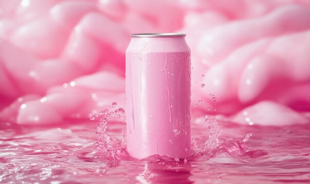 a tall thin pink energy drink can, emerging from a fizzy pink pool of water, holiday vibes