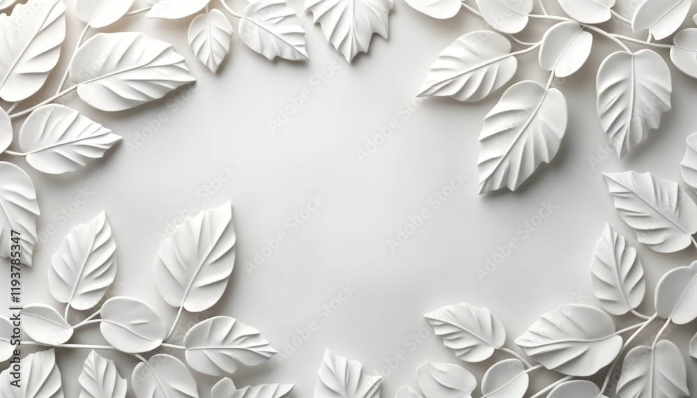 Poster White 3D geometric leaves create decorative pattern on light background. Abstract design with clean look. Suitable for various interior design projects. Modern wall decor. Stylish, simple pattern.