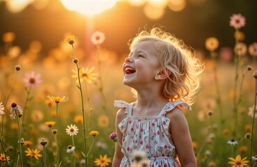 Little girl laughs joyfully in sunlit meadow. Wildflowers surround happy child. Summer day filled with carefree happiness. Beautiful moment of childhood.