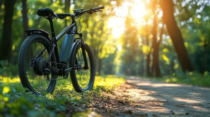 Fototapeta premium Electric bike in park, close-up of sleek bike design, vibrant green park in the background