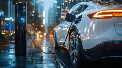 Electric car charging, close-up of charging port and cables, modern city backdrop, eco-friendly future