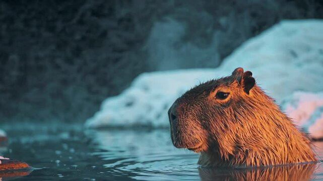 A serene capybara emerges from a misty, snow-covered water scene, showcasing its unique features in a tranquil winter environment.
