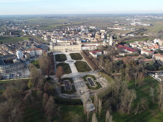 Veduta aerea del Palazzo Ducale di Colorno a Parma e dei suoi giardini, noto anche come Reggia di Colorno, è un edificio nel territorio di Colorno (provincia di Parma), Emilia Romagna, Italia