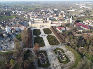 Veduta aerea del Palazzo Ducale di Colorno a Parma e dei suoi giardini, noto anche come Reggia di Colorno, è un edificio nel territorio di Colorno (provincia di Parma), Emilia Romagna, Italia