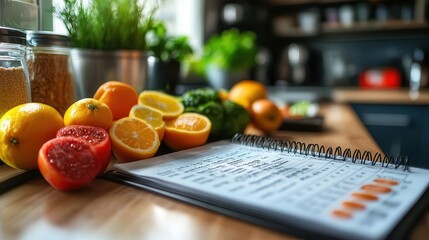 Healthy diet plan, close-up of a colorful meal planner and fresh fruits on a kitchen counter
