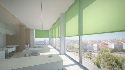Fototapeta premium Modern Office Classroom Design with City View and Green Blinds