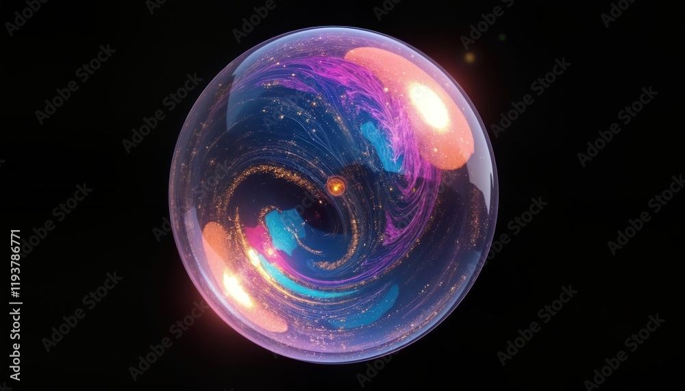 Poster holographic iridescent sphere bubble glows with vibrant colors. design resembles glowing galaxy insi