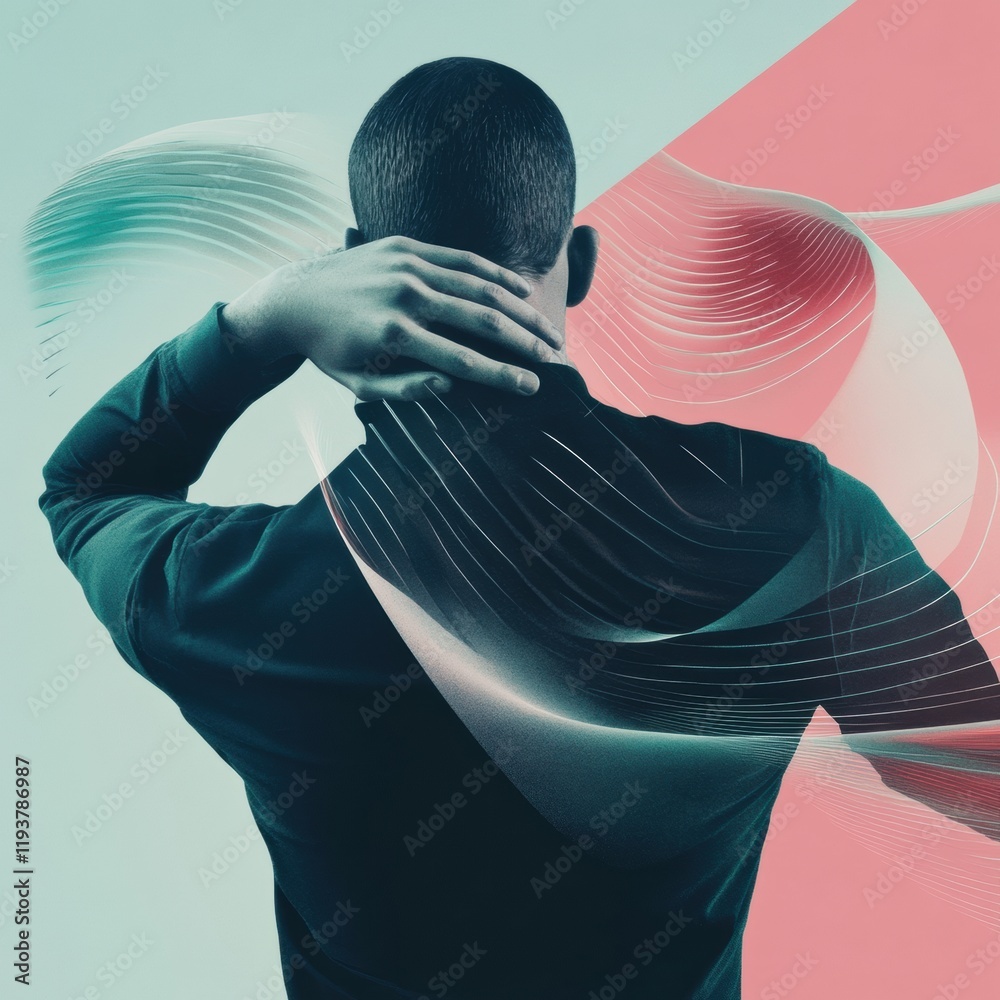 Fototapete person experiencing discomfort while surrounded by abstract waves and sharp shapes depicting pain an