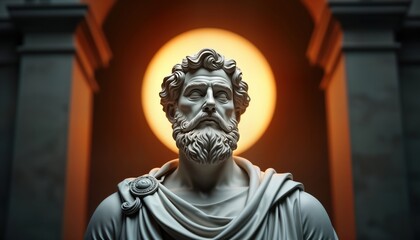 Stoic statue sculpture. Ancient marble statue. Inspirational, motivational concept. Timeless art. Dramatic lighting. Historical backdrop with architecture. Focus on stoic figure. Artistic creation.