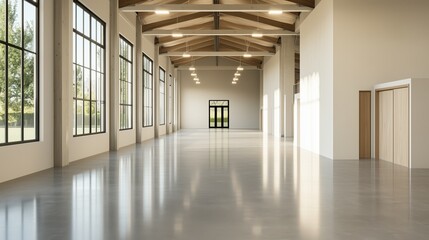 Naklejka premium Spacious modern industrial interior with large windows and polished concrete floors