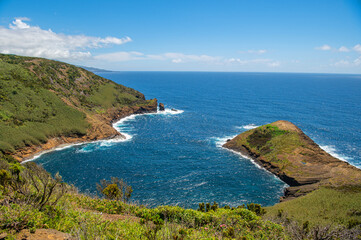 View of volcanic crater under the sea from Monte da Guia near The City of Horta of the Azores, Portugal. Atlantic ocean. Nature photography