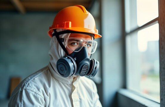 Construction worker in protective gear looks serious at construction site. Man wears safety helmet hardhat protective suit, respirator mask. Worker focused on job, safety. Pro builder on development