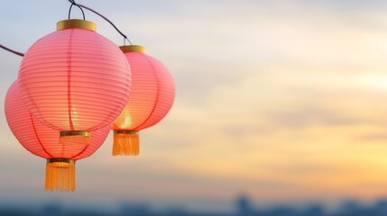 Traditional pink lanterns at sunset sky background
