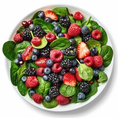 Fototapeta premium A bowl of refreshing mixed berry salad with spinach and honey lemon dressing, isolated white background, modern art style